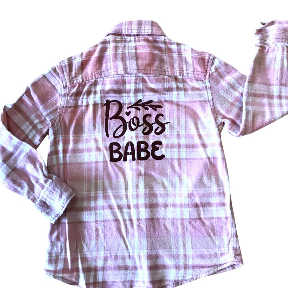 Little Girl Bleached Flannel Shirt, Upcycled Boss Babe Painted Graphic Size 6-7